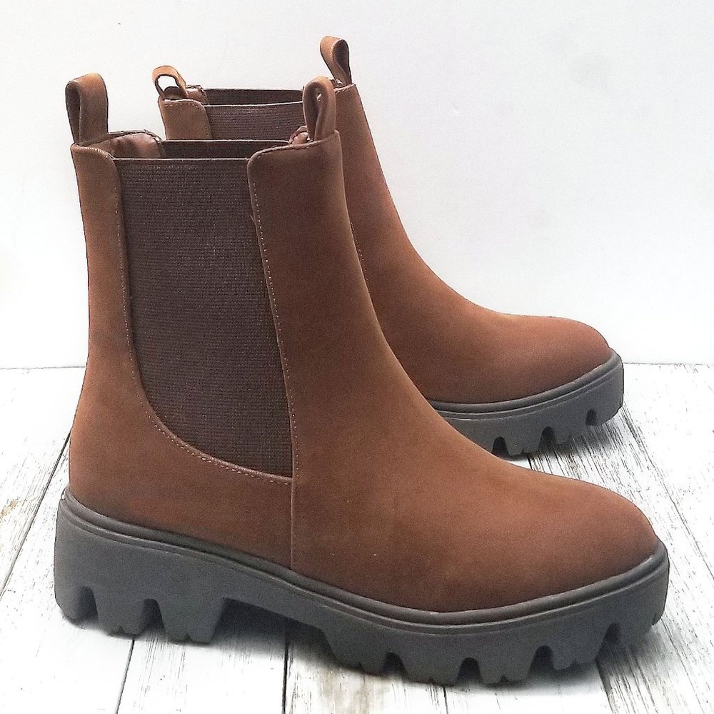 New Women Brown Chelsea Elastic Low Platform Combat Boots Ankle Booties - Picture 1 of 3